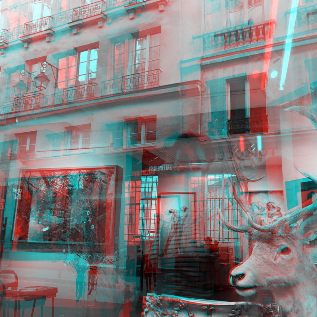 Grey Anaglyphe 08-2017: "HIRSCHKOPF IM STRASSENSPIEGEL" - &copy;rbockberlin2017, cardboard, 90x90 cm